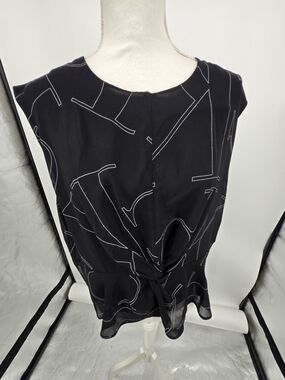 Calvin Klein Black Twist Front Sleeveless Blouse White CK Print Large (7273)